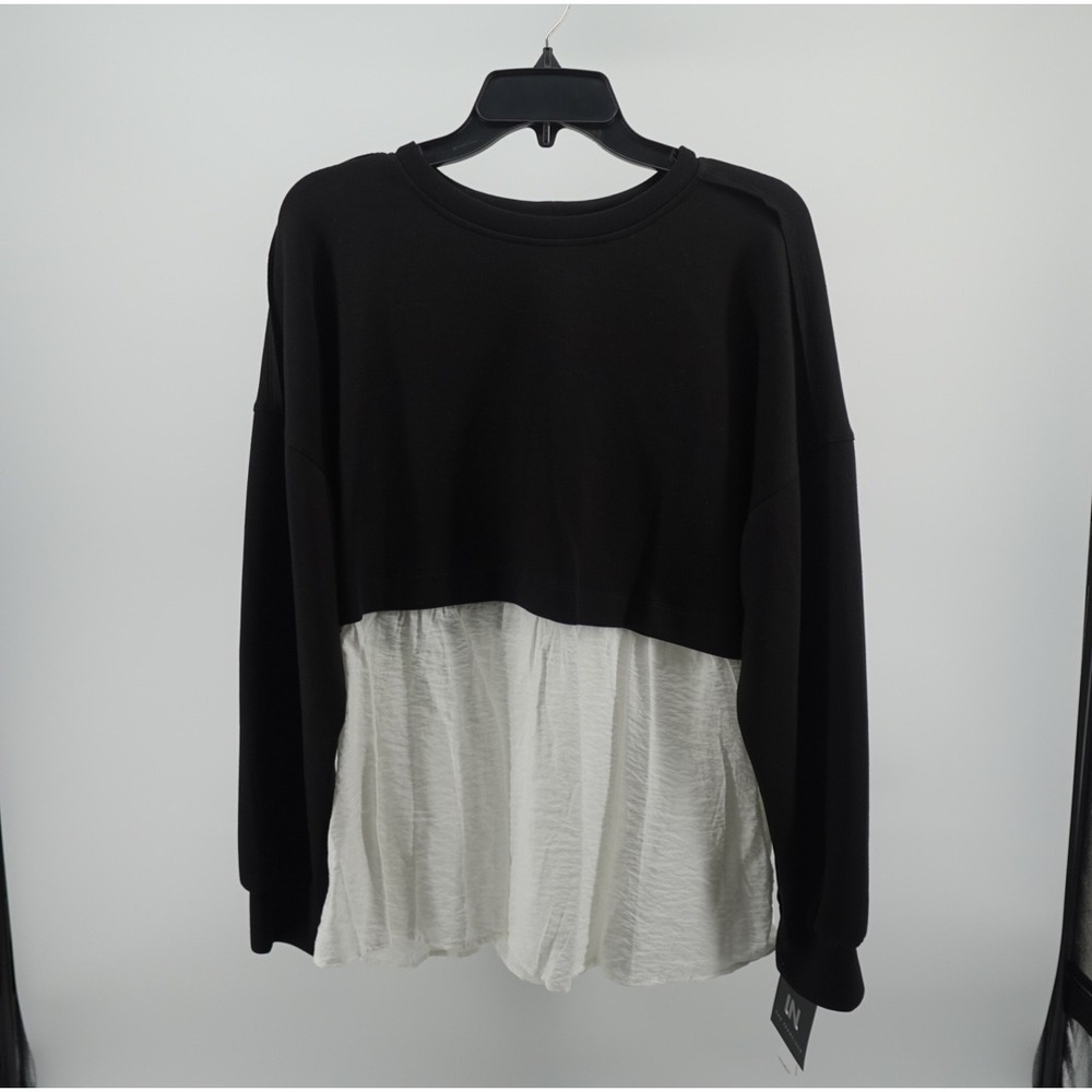 IN San Francisco Womens XL Black White Peplum Mixed Media Top 101752A NWT